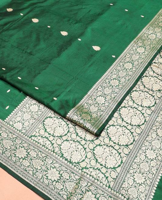 Green buttas kathan silk saree, floral creeper border, and floral jaal pallu