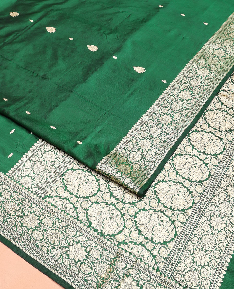 Green buttas kathan silk saree, floral creeper border, and floral jaal pallu