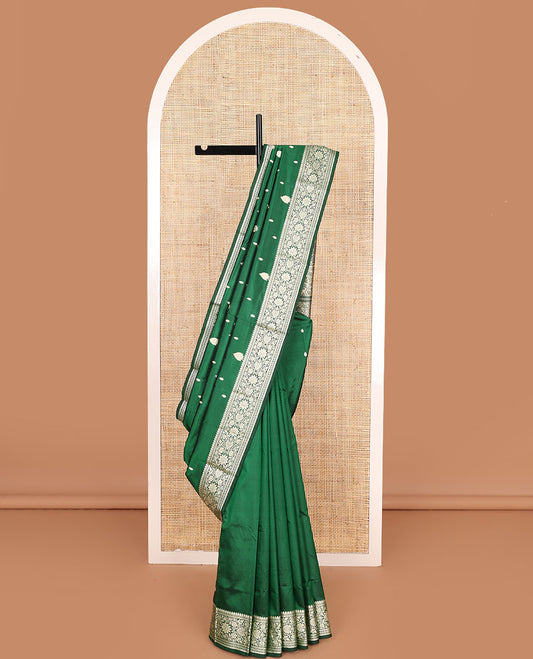 Green buttas kathan silk saree, floral creeper border, and floral jaal pallu