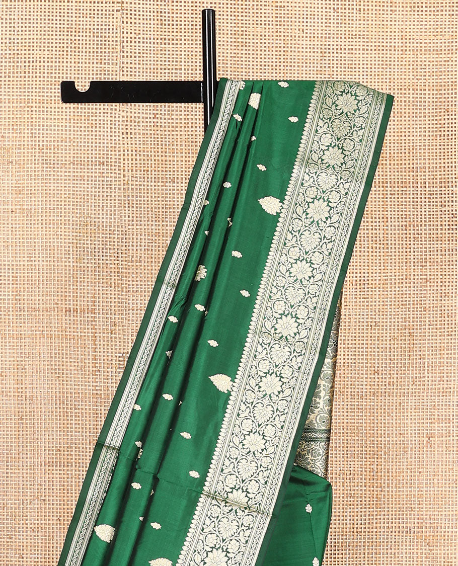 Green buttas kathan silk saree, floral creeper border, and floral jaal pallu