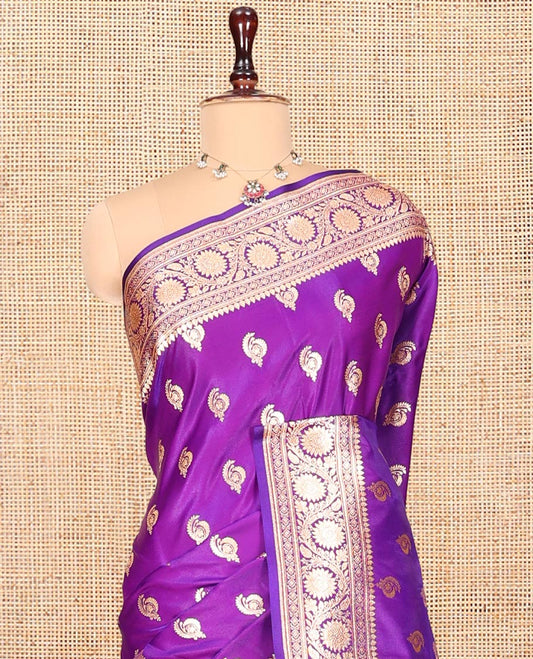 Purple Banarasi Nylon Saree, Decked Up with Buttas, Floral Creeper Zari Border, Intricate Pallu, and a Matching Blouse