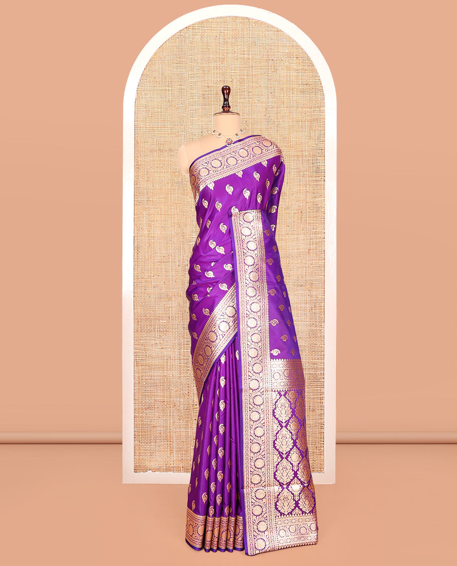 Purple Banarasi Nylon Saree, Decked Up with Buttas, Floral Creeper Zari Border, Intricate Pallu, and a Matching Blouse
