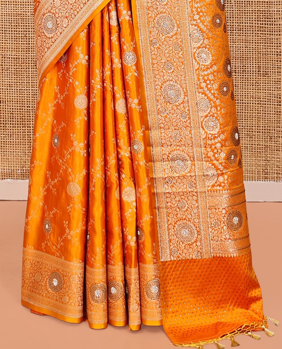 Yellow Banarasi Satin Saree, Delicately Woven with Floral Jaal Jacquard, a Floral Creeper Border, Intricate Stonework Pallu, and a Matching Blouse