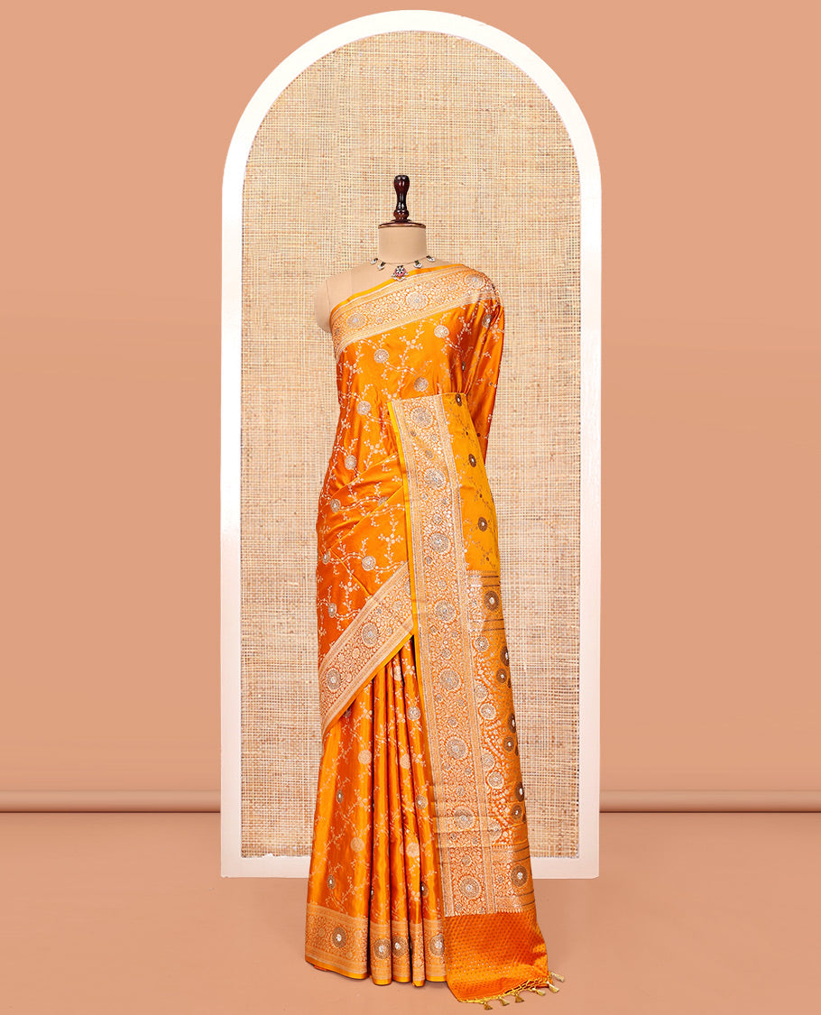 Yellow Banarasi Satin Saree, Delicately Woven with Floral Jaal Jacquard, a Floral Creeper Border, Intricate Stonework Pallu, and a Matching Blouse