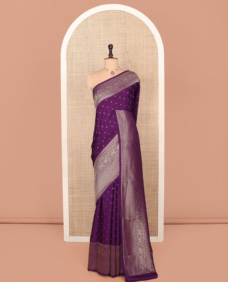 Purple Fancy Crepe Saree, Prettified with Buttas, Highlighted by a Floral Creeper Border, Intricately Designed Pallu, and a Matching Blouse