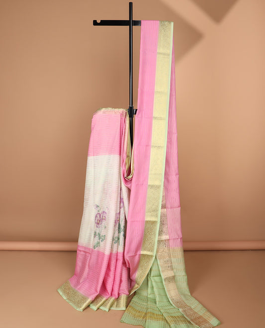 Multi-color floral printed & zari striped semi-banaras crepe saree, contrast zari border & striped pallu