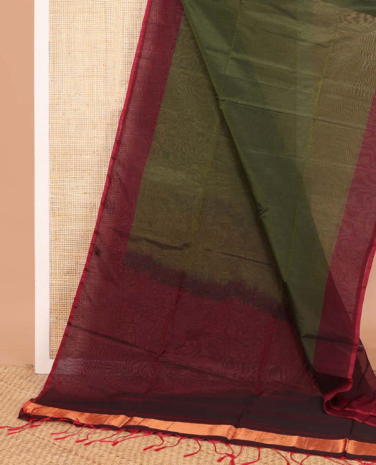 Green plain semi-silk cotton saree, contrast plain border, and pallu
