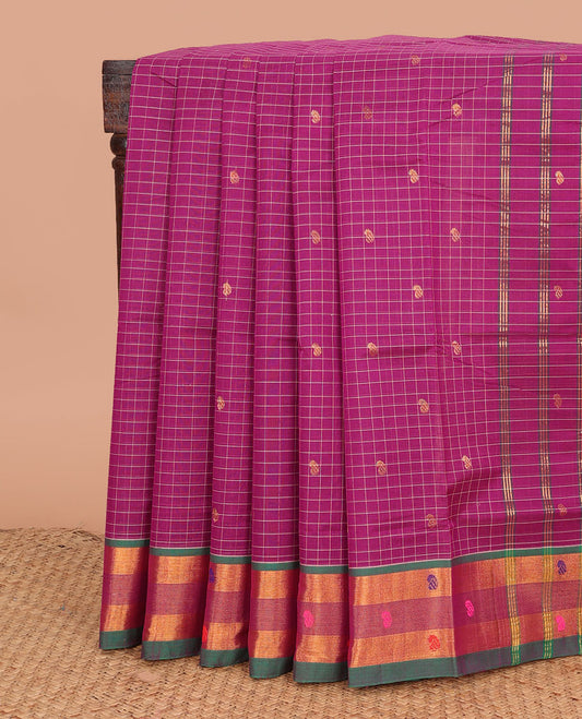 Magenta checked and paisley buttas Venkatagiri cotton saree, contrast zari and thread work border, and striped pallu