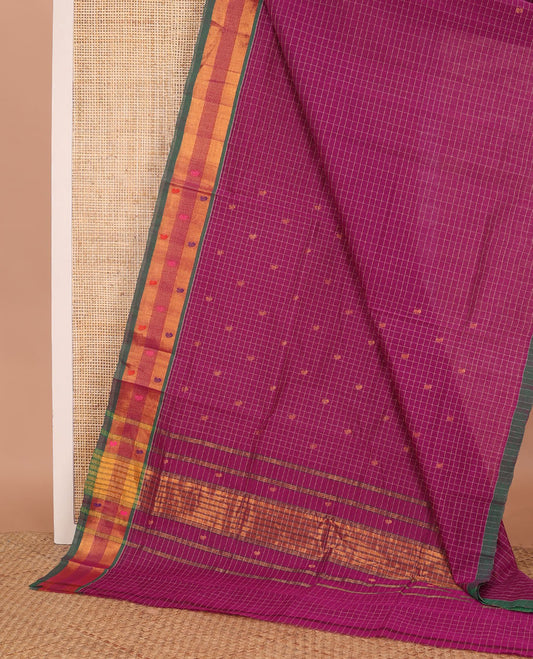Magenta checked and paisley buttas Venkatagiri cotton saree, contrast zari and thread work border, and striped pallu
