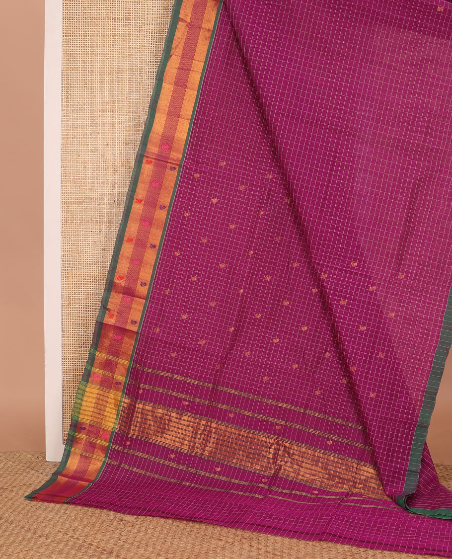 Magenta checked and paisley buttas Venkatagiri cotton saree, contrast zari and thread work border, and striped pallu