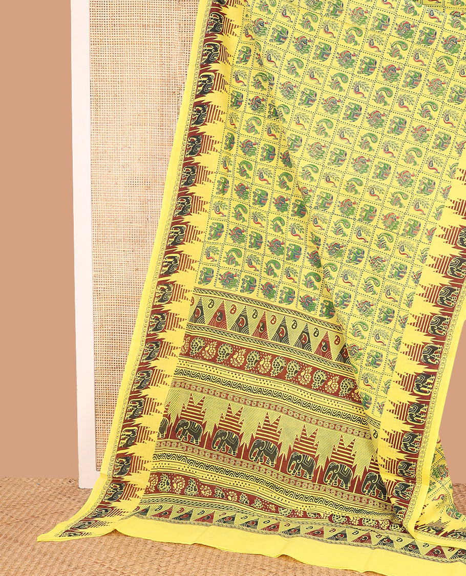 Yellow Sungudi Cotton Saree Meticulously Printed with Animal Butta Enclosed Checks, Adorned with Temple Elephant Motif Border, and Artfully Printed Pallu
