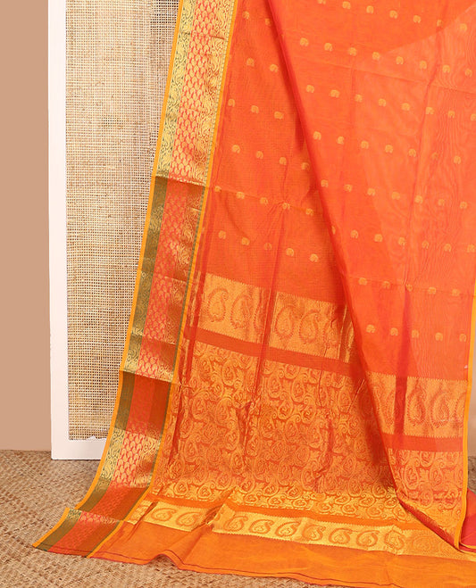 Orange paisley buttas Venkatagiri cotton saree with contrast traditional zari border, and pallu steeped with zari paisleys