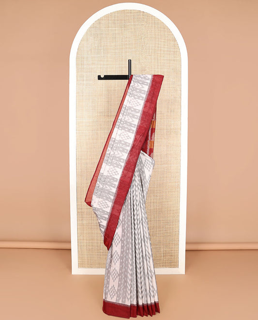 White geometric design ikkat cotton saree with contrast border & geometric design pallu