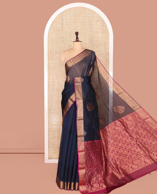 Blue Semi-Silk Cotton Saree, Embellished with Zari Buttas on Its Body, Complemented by a Contrast Traditional Zari Design Border, Pallu of Floral Designs, and Paired with a Contrast Blouse
