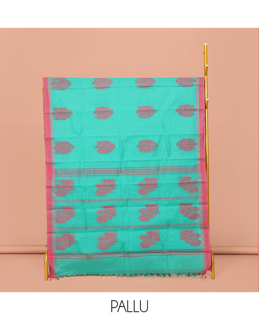 Turquoise Kanchi Cotton Saree, Decked Up with Tree Motifs All Over Its Body, Complemented by Contrast Border, Pallu of Stripes and Flower-vase Motifs , and Paired with a Matching Blouse
