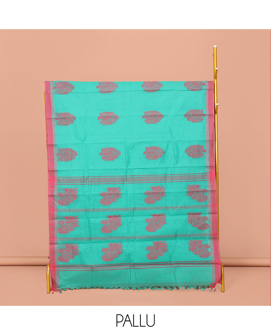 Turquoise Kanchi Cotton Saree, Decked Up with Tree Motifs All Over Its Body, Complemented by Contrast Border, Pallu of Stripes and Flower-vase Motifs , and Paired with a Matching Blouse