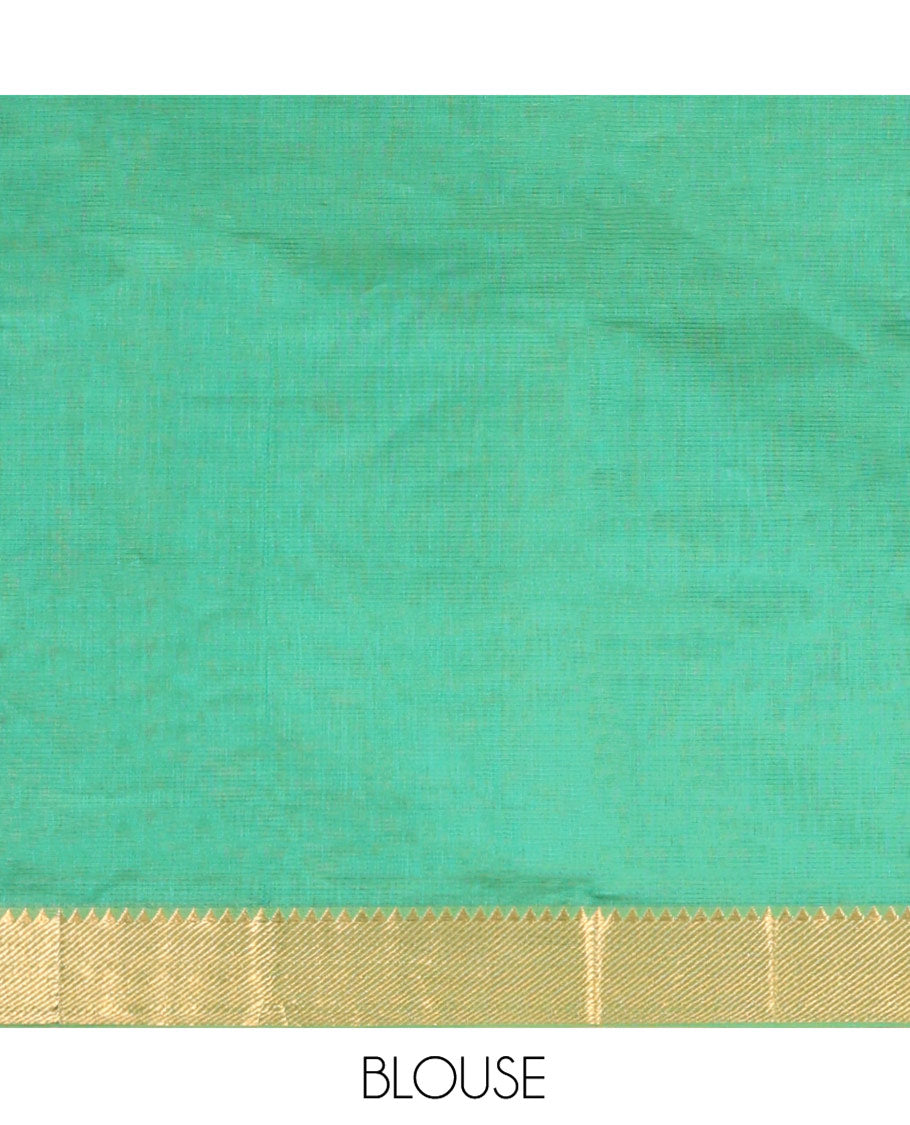 Green Sparsely Striped Mangalgiri Cotton Saree, Highlighted by a Zari Border, Gleaming Zari-Striped Pallu, and Paired with a Matching Blouse