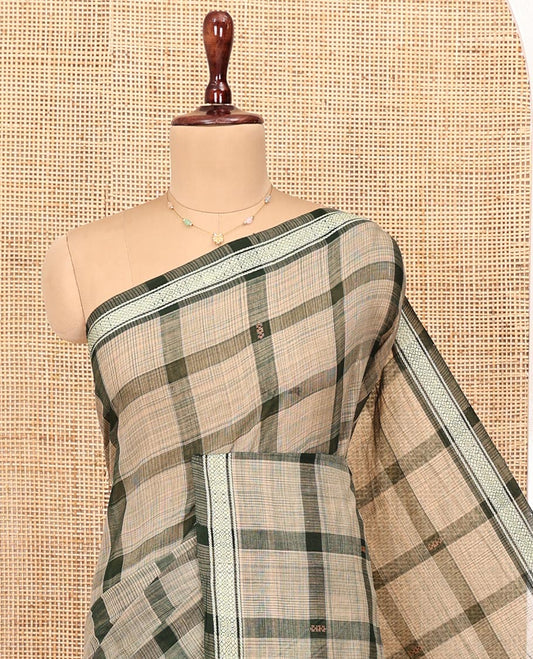 Dark Green Andhra Cotton Saree, Featuring Big Checked Design All Over Its Body, Subtly Sparked with a Traditional Border, Pallu of Stripes, and Paired with a Matching Blouse