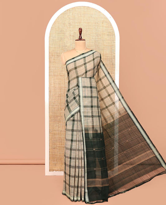 Dark Green Andhra Cotton Saree, Featuring Big Checked Design All Over Its Body, Subtly Sparked with a Traditional Border, Pallu of Stripes, and Paired with a Matching Blouse