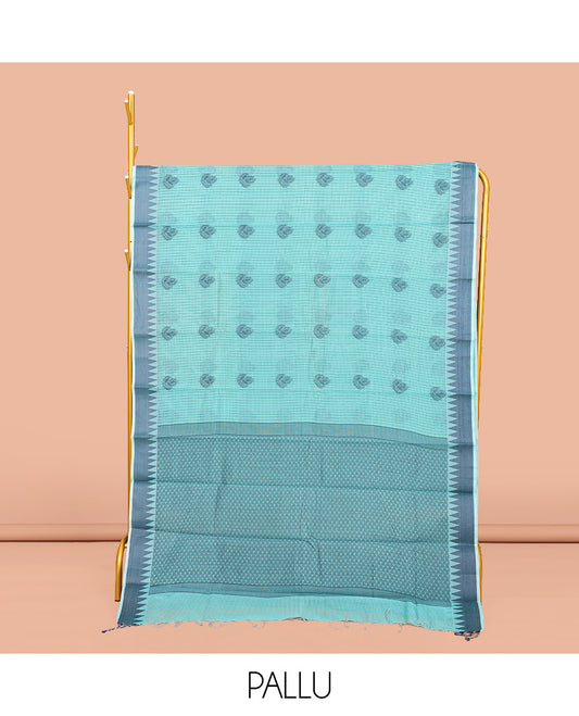 Blue Semi-Silk Cotton Saree, Subtly Sparkled with Buttas and Micro-Checks All Over Its Body, Highlighted by a Temple Border, Intricate Pallu, and Paired with a Contrast Blouse