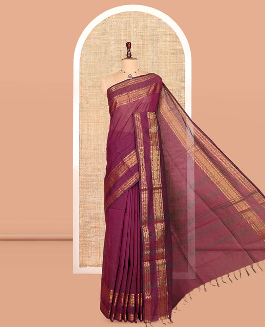 Light Purple Plain Chettinad Cotton Saree, Highlighted by a Traditional Zari Border, Striped Pallu, and a Matching Blouse
