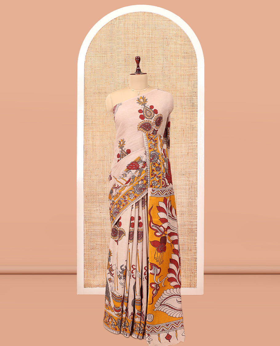 Sandal Kalamkari Cotton Saree, Decorated with Ancient Huma Motif Print, Contrast Printed Border, Kalamkari Peacock Motifs Pallu, and a Contrast Blouse