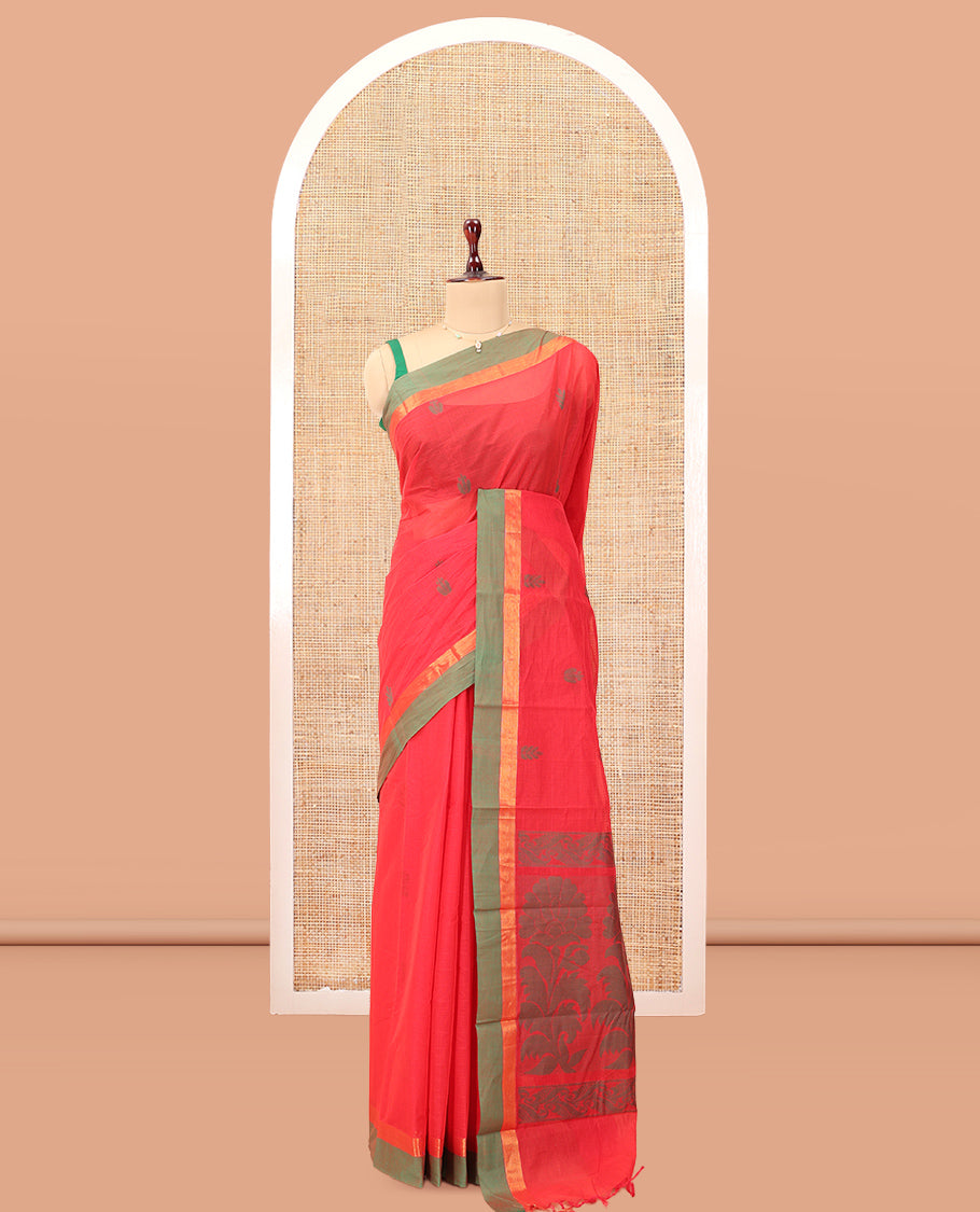 Red Kanchi Cotton Saree, Woven with Thread Buttas, a Contrast Border, Pallu of Floral Design, and a Matching Blouse