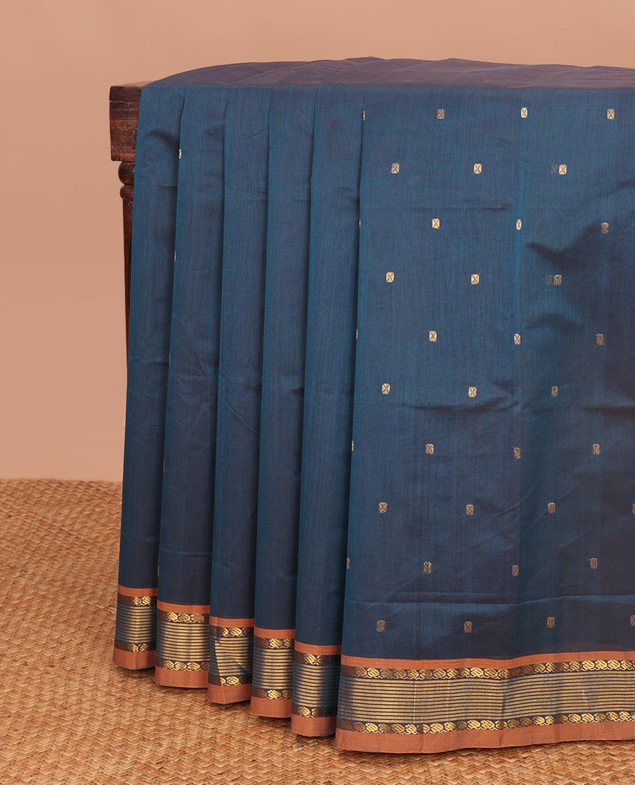 Blue motifs venkatagiri cotton saree with contrast paisley design border & striped pallu