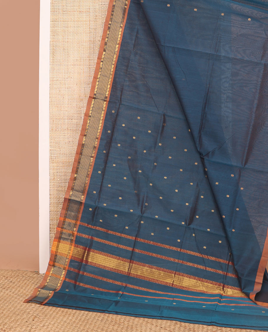 Blue motifs venkatagiri cotton saree with contrast paisley design border & striped pallu