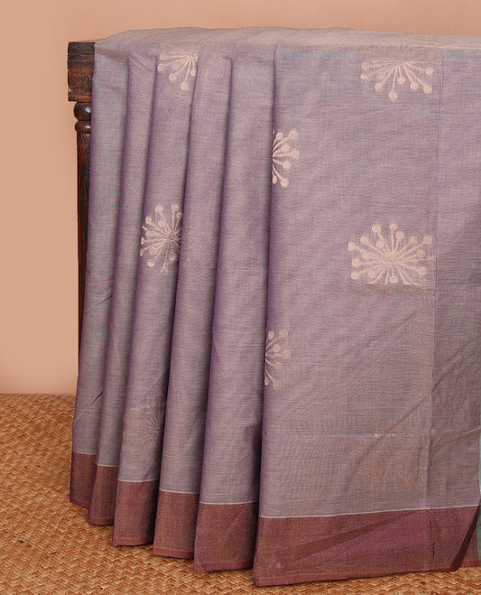 Grey unique buttas Combatiore cotton saree, contrast plain border & contrast zari design pallu