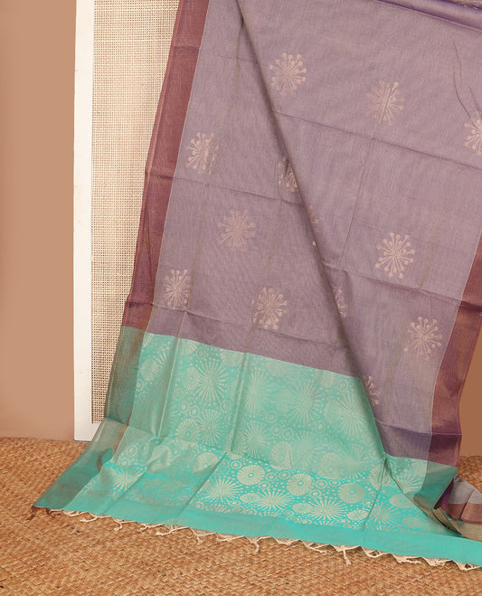 Grey unique buttas Combatiore cotton saree, contrast plain border & contrast zari design pallu