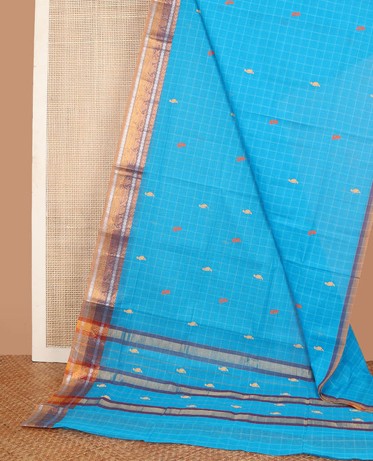 Blue checked & meena buttas Andhra cotton saree, contrast traditional zari border & pallu of zari stripes & meena buttas