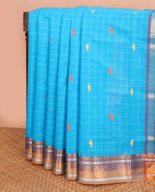 Blue checked & meena buttas Andhra cotton saree, contrast traditional zari border & pallu of zari stripes & meena buttas