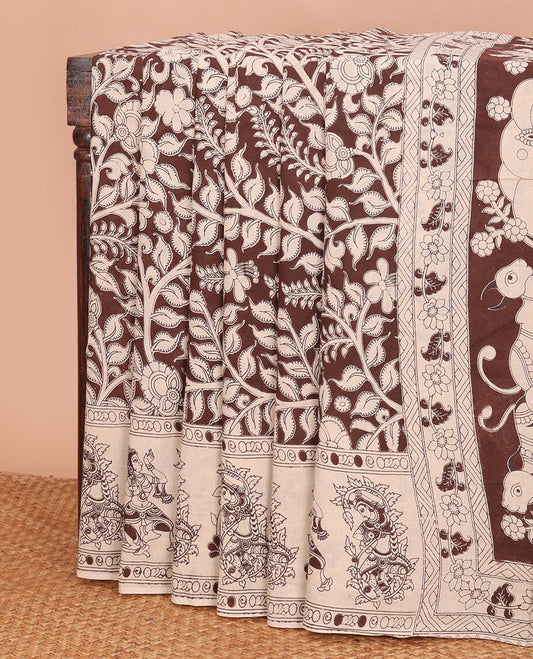 Brown floral vine machine-printed kalamkari cotton saree, self-printed border & pichwai cow & Lord Radha Krishna motifs pallu