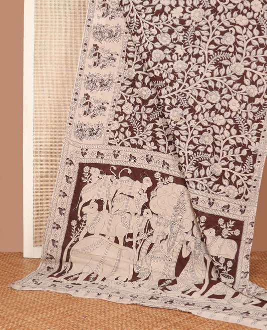 Brown floral vine machine-printed kalamkari cotton saree, self-printed border & pichwai cow & Lord Radha Krishna motifs pallu