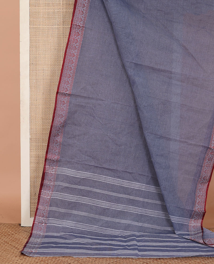 Grey Plain Bengal Cotton Saree, Complemented by a Contrast Intricate Design Border, and Pallu Steeped with Stripes