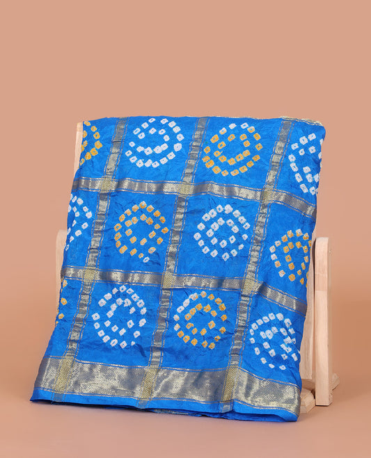Royal Blue Bandhani Dola Silk Saree, Elevated with Bandhani Dots and Ghar Chola Checks, a Gleaming Zari Border, and a Matching Blouse