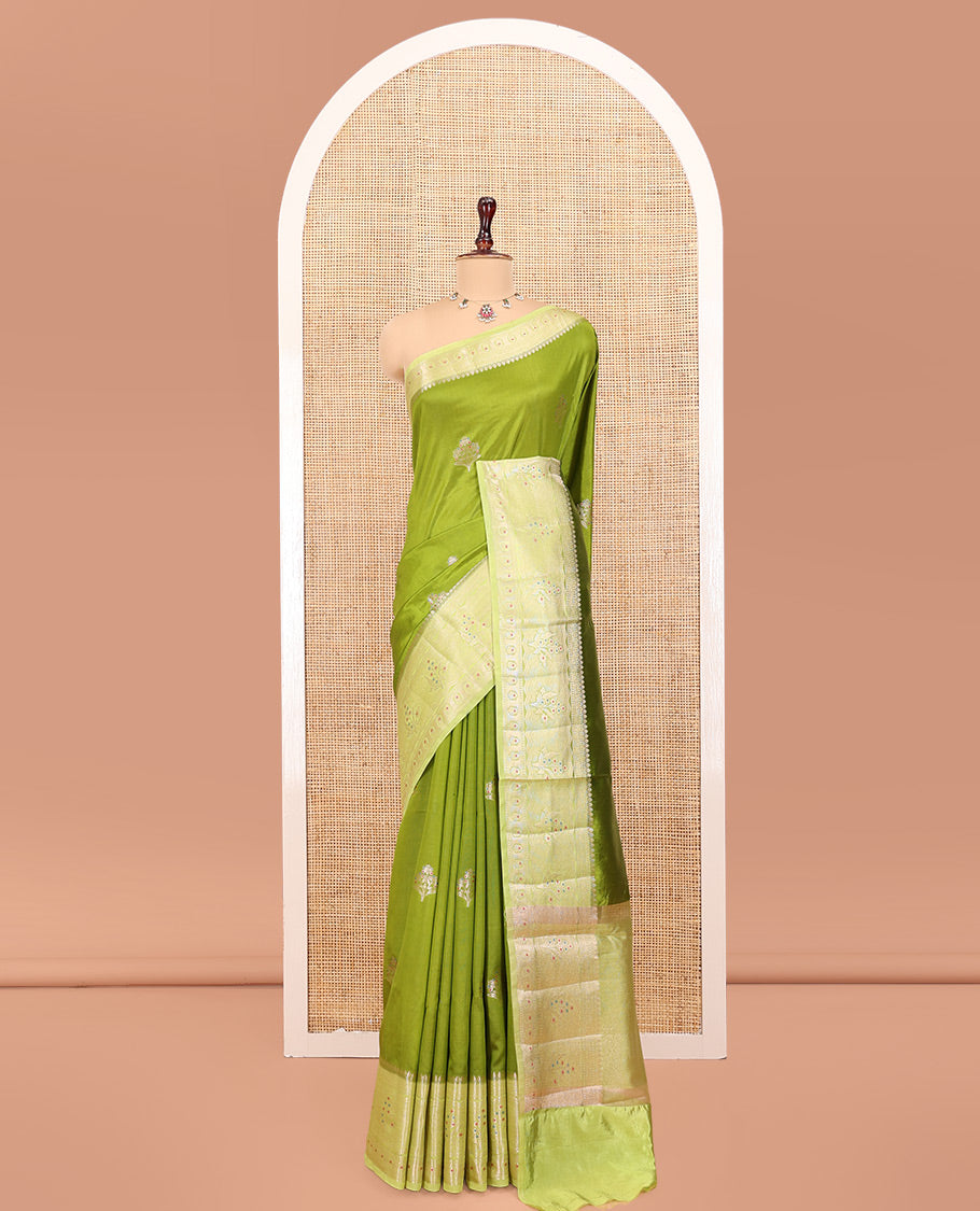 Parrot Green Green-Mango-Silk Saree, Decked up with Floral Zari Buttas All Over Its Body, Complemented by a Contrast Meenakari Zari Floral Design Border, Grand Pallu, and Paired with a Contrast Blouse