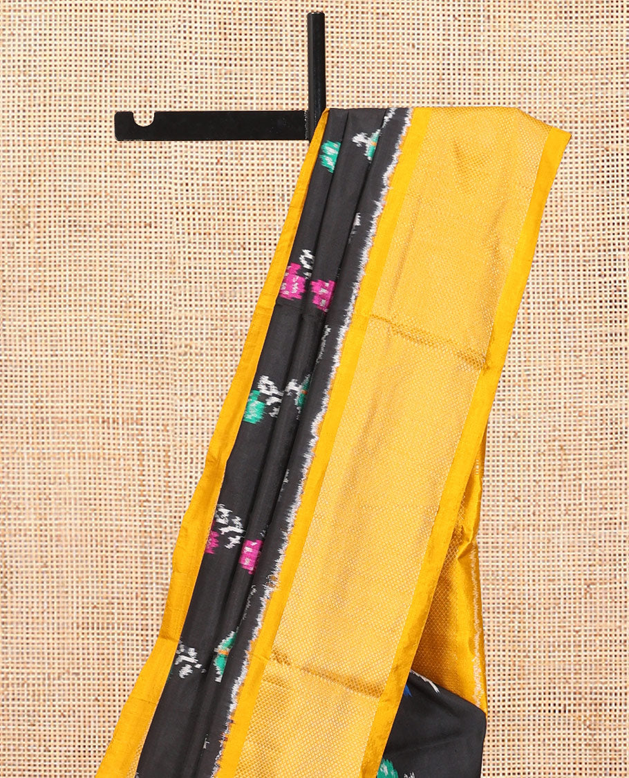 Black Flora-Elephant Buttas Pochampally Ikat Saree, Contrast Border and Blouse