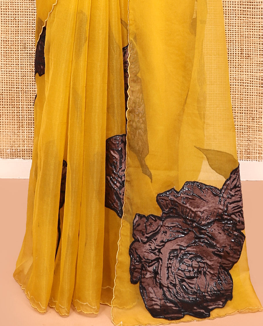 Mustard Turkey Organza Saree Features Rose Floral Applique Embroidery, a Scallop Border, Matching Blouse