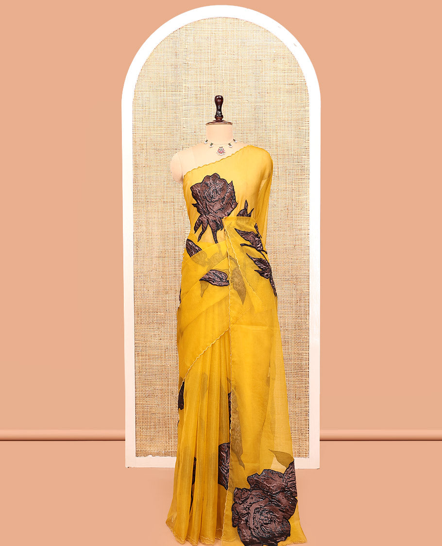 Mustard Turkey Organza Saree Features Rose Floral Applique Embroidery, a Scallop Border, Matching Blouse