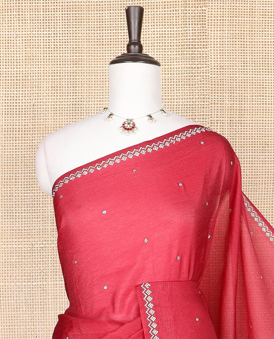 Red flower-shaped aligned Swarovski stones designer saree, Swarovski stone work border & floral embroidery pallu