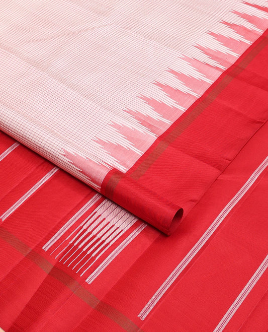 Pale pink striped Kanchipuram silk saree, contrast thazampoo rekku border & pallu of stripes & seppu rekku designs