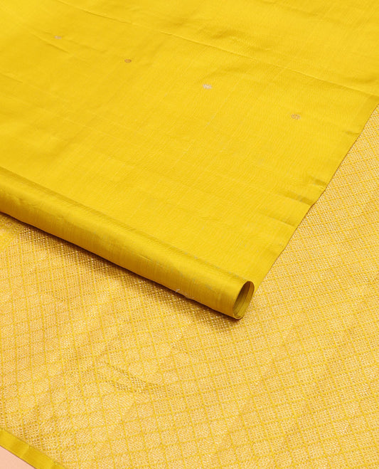 Borderless yellow zari buttas Kanchipuram silk saree, self-pallu of jaal designs