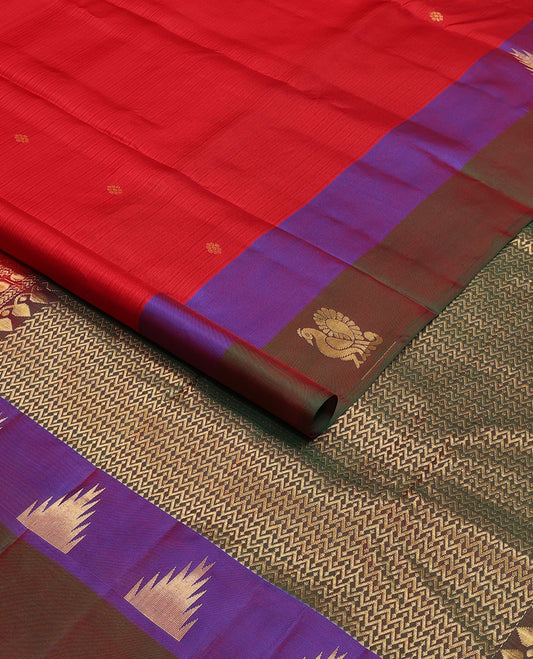 Red zari buttas Kanchipuram silk saree, contrast border of thazampoo rekku & mayil designs & pallu of intricate designs