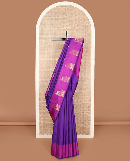 Violet zari buttas Kanchipuram silk saree, contrast manga design border, and pallu of floral zari designs
