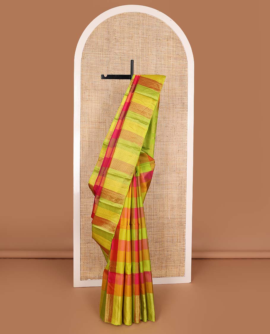 Multi-color palum pazahamum checked Kanchipuram silk saree, zari striped bordder, and geometric zari patterned pallu