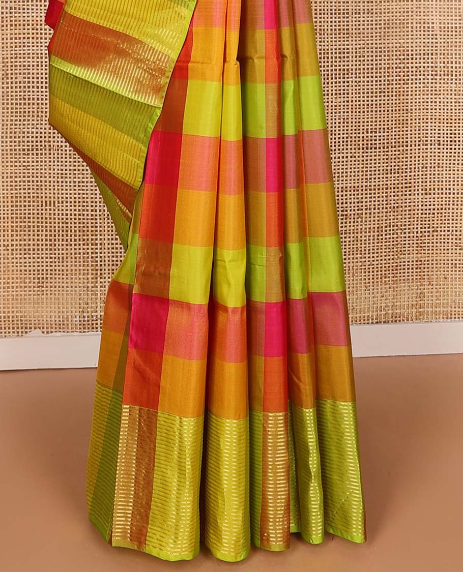 Multi-color palum pazahamum checked Kanchipuram silk saree, zari striped bordder, and geometric zari patterned pallu