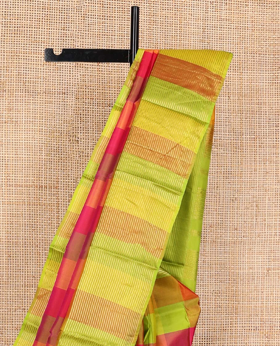 Multi-color palum pazahamum checked Kanchipuram silk saree, zari striped bordder, and geometric zari patterned pallu