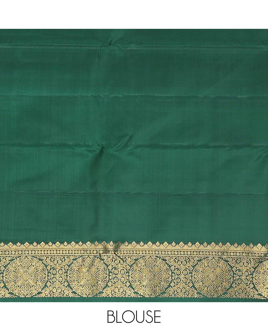 Green tree motifs Kanchipuram designer saree, big marigold floral motifs woven border, and jaal pallu